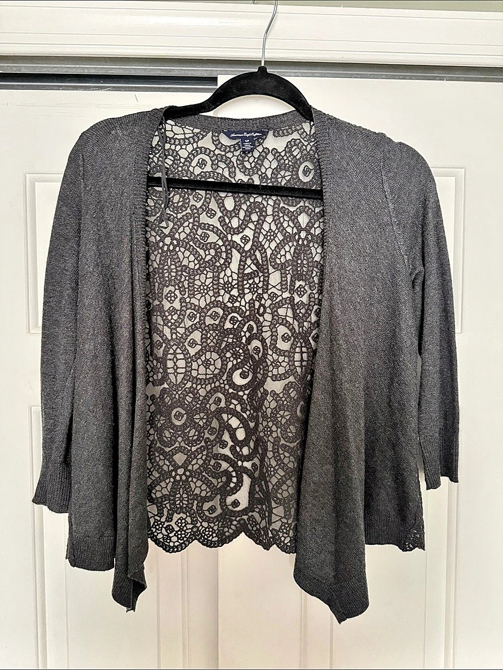 American Eagle Outfitters Charcoal Open-Front Lace Back Cardigan Small
